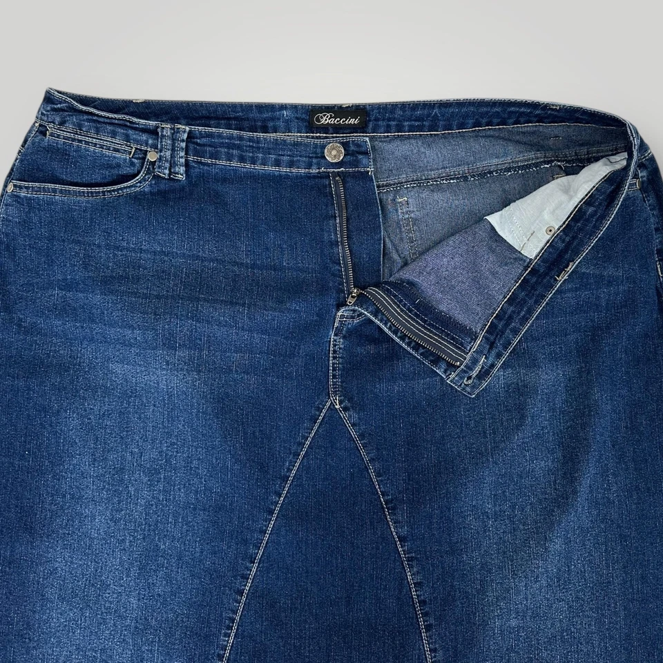 Falda Baccini para mujer 22W azul denim línea A dobladillo crudo elástico 5 bolsillos cremallera mosca Foto 4 de 4