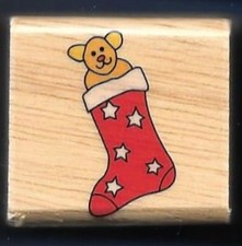 STOCKING TEDDY BEAR TOY Christmas HOLIDAY GIFT Tag small NEW Craft RUBBER STAMP