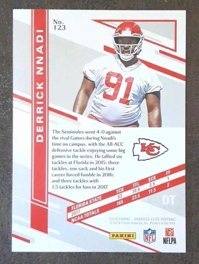 DERRICK NNADI RC 2018 Donruss Elite #123 Rookie SP /199 Chiefs.  C1A - Image 2 of 3