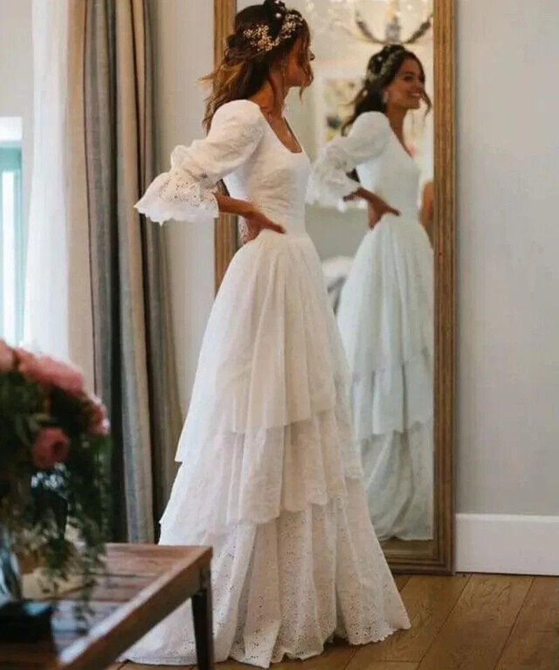 Vintage White Wedding Dresses Floral Sleeve Backless Buttons Lace Bridal Gowns - Image 4 of 4