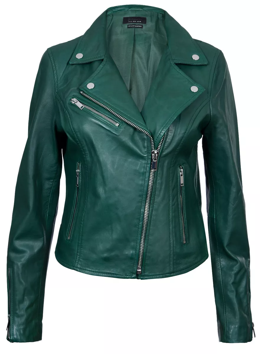 Mujer Cuero Chaqueta Clásica Estilo Motero Verde Cuero Auténtico Mujer | eBay