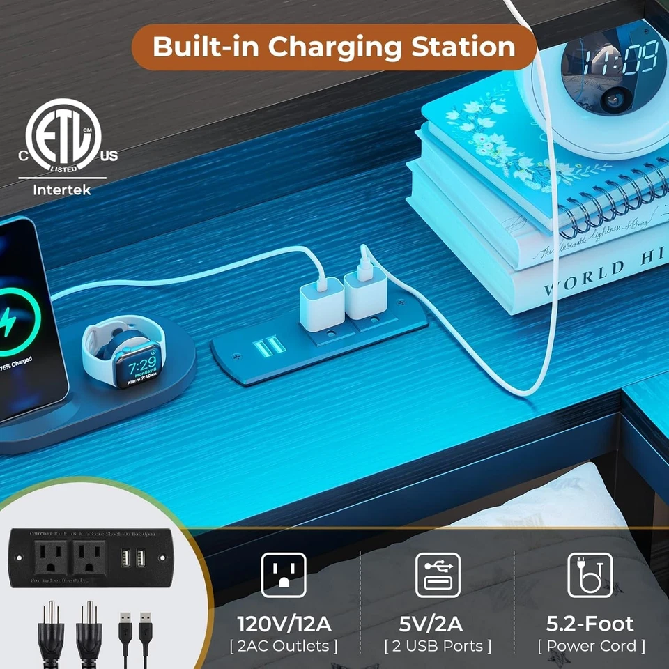 Marco de cama esquinero doble sofá cama con estación de carga luces LED estantería cajones Foto 4 de 4