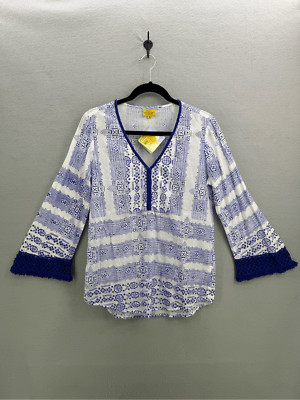 NWT Roberta Roller Rabbit Zandra Nagma White Blue Bell Sleeve Fringe Tunic Top S