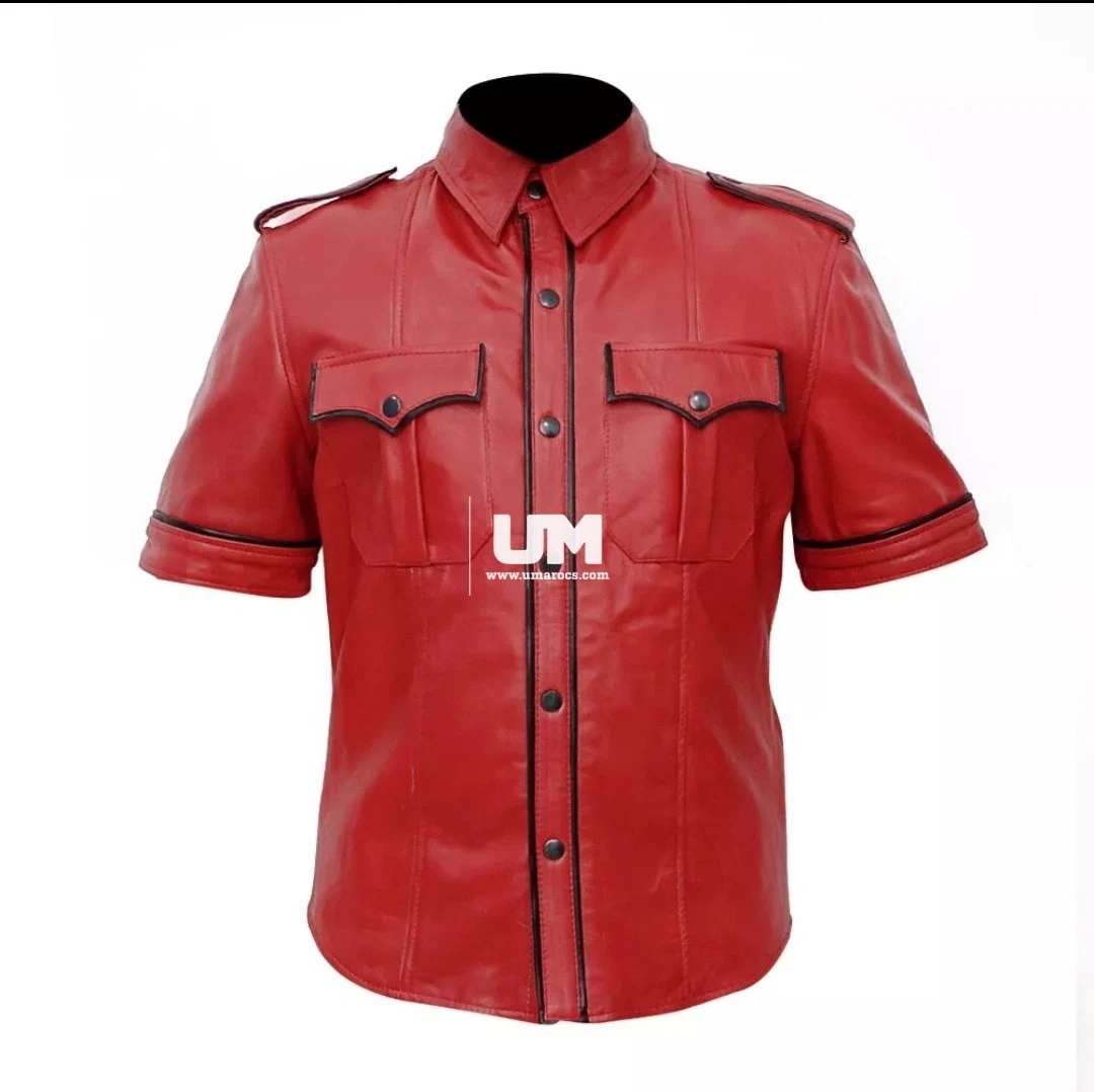 Men’s Red Genuine Leather Short Sleeve Shirt Button Down Custom Size & Colour