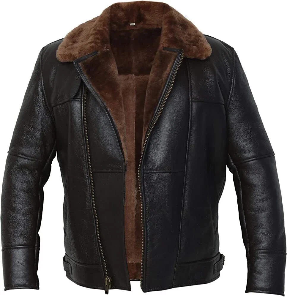Men's RAF B3 Real Sheepskin Bomber Leather Jacket Winter Flying Pilot Fur Coat