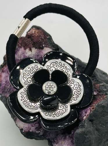 Brighton Black Enamel Flower Ponytail Holder Silver Hair Tie