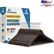 Wooden Clothes Hangers W/ 360 Swivel Hook Non-Slip Grooves Pants Bar Pack of 5