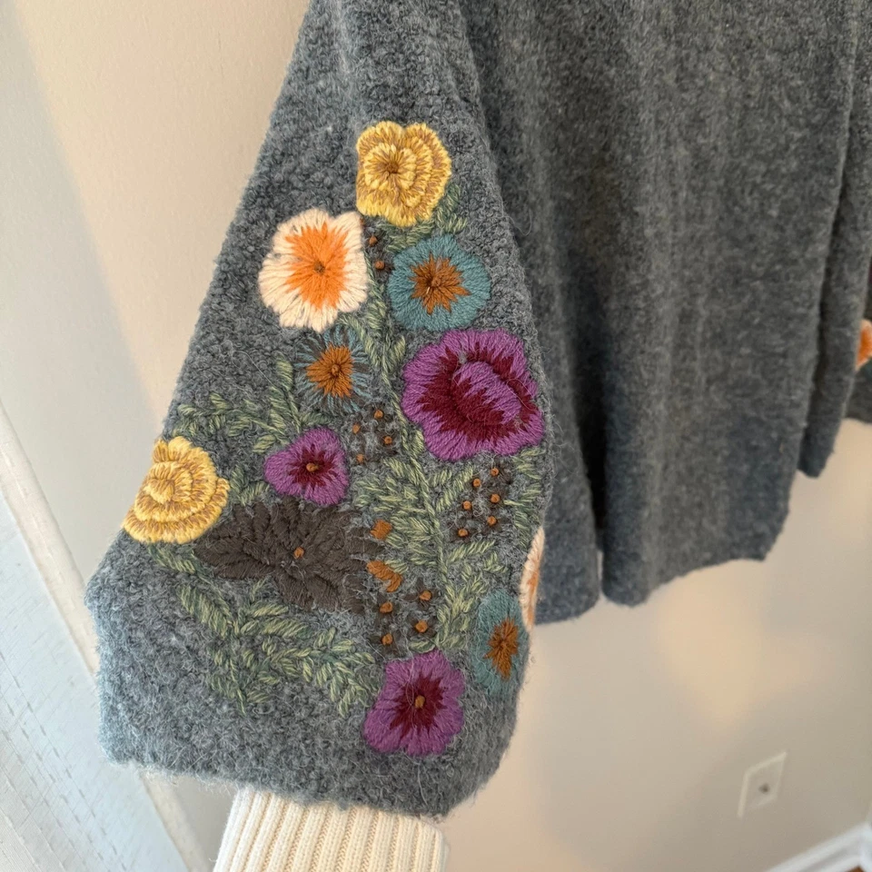 Sleeping On Snow Embroidered Floral Mock Neck Bell Sleeve Cozy Knit Sweater M - Image 4 of 4