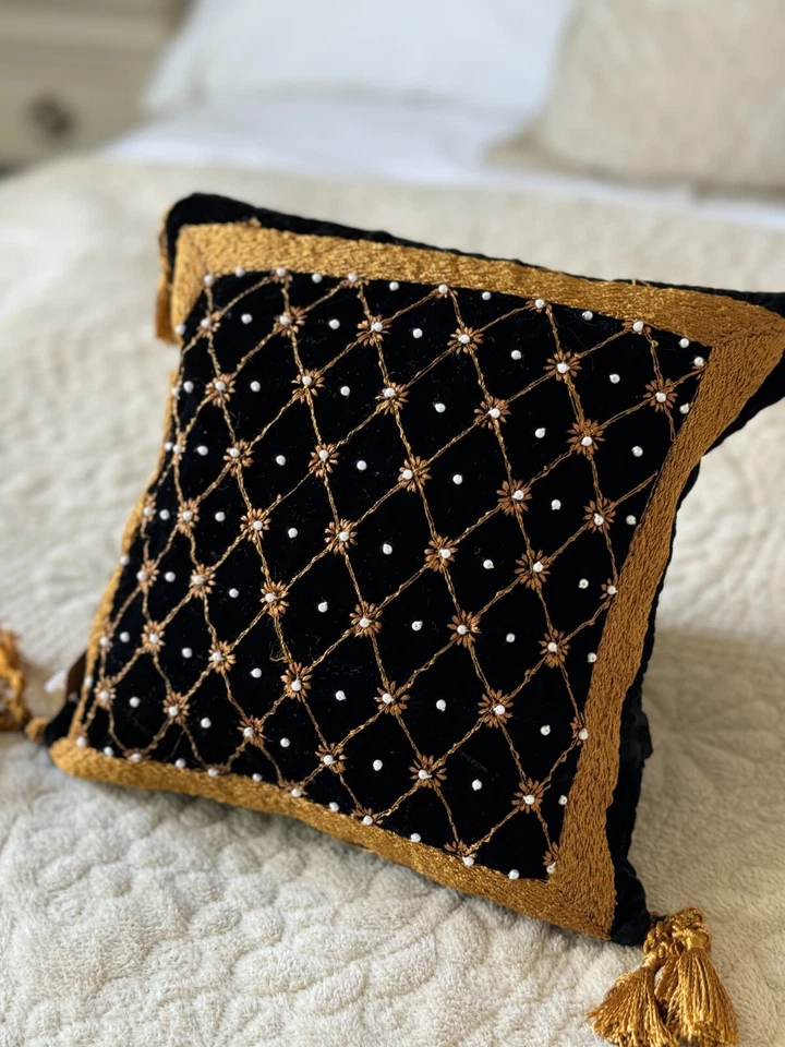 Luxury Black Gold Moroccan Style Handmade Embroidered 10" Filled Cushion - Image 2 of 4