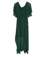 Abito Jenny Packham in chiffon con maniche svolazzanti alto/basso verde cacciatore taglia 2