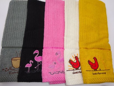 Moderne Küchenhand-/Geschirrtücher. Tolle Farben mit Flamingo, Huhn & Espresso