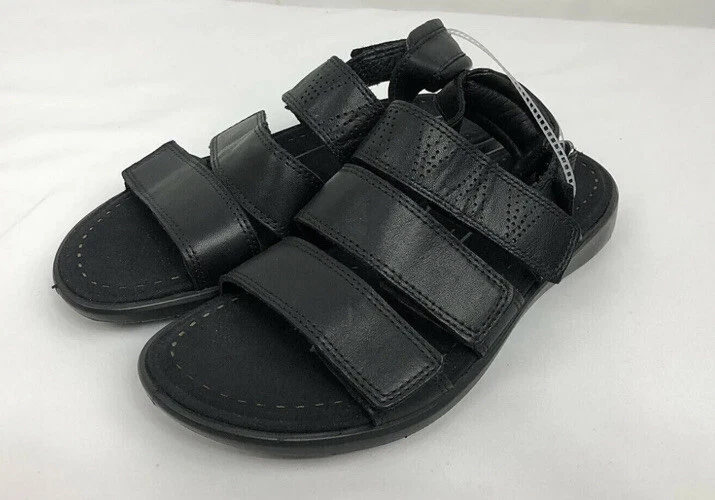 Sandali donna Ecco pelle nera punta aperta taglia 36 USA 5 cinturini regolabili