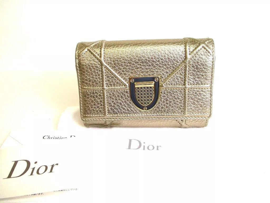 Portefeuille pliant authentique Christian Dior Diorama Champagne cuir doré #9255
