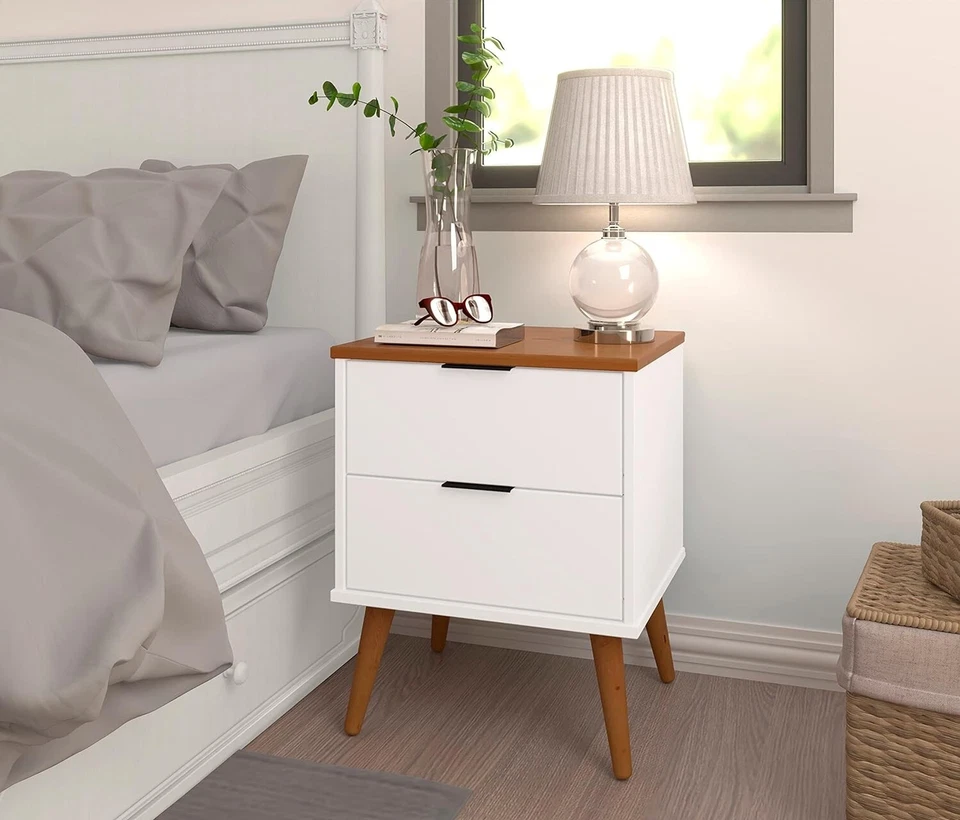 Mesita de noche de madera maciza - Mesita de noche moderna de 2 cajones para dormitorio Foto 2 de 4