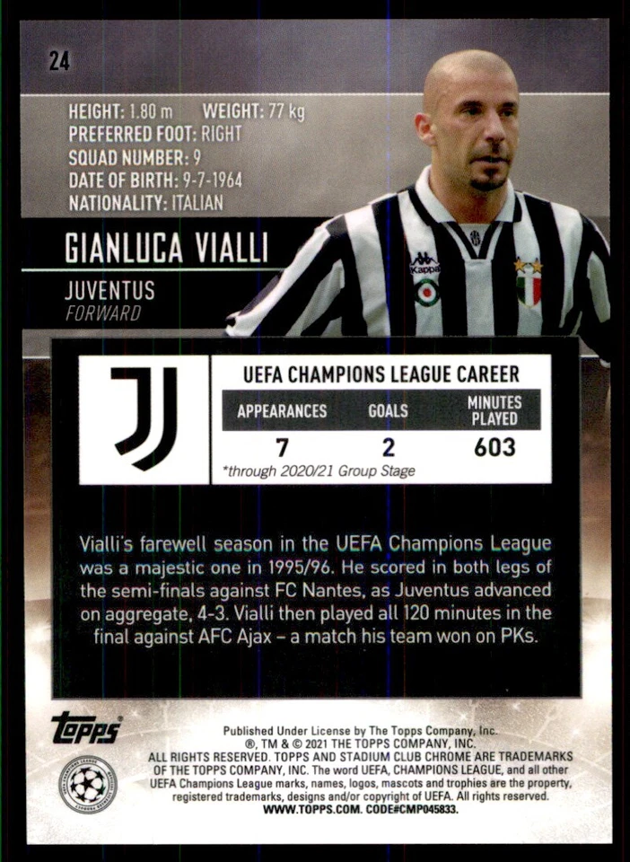 2020 Stadium Club Chrome UEFA Gianluca Vialli #24 - Image 2 of 2