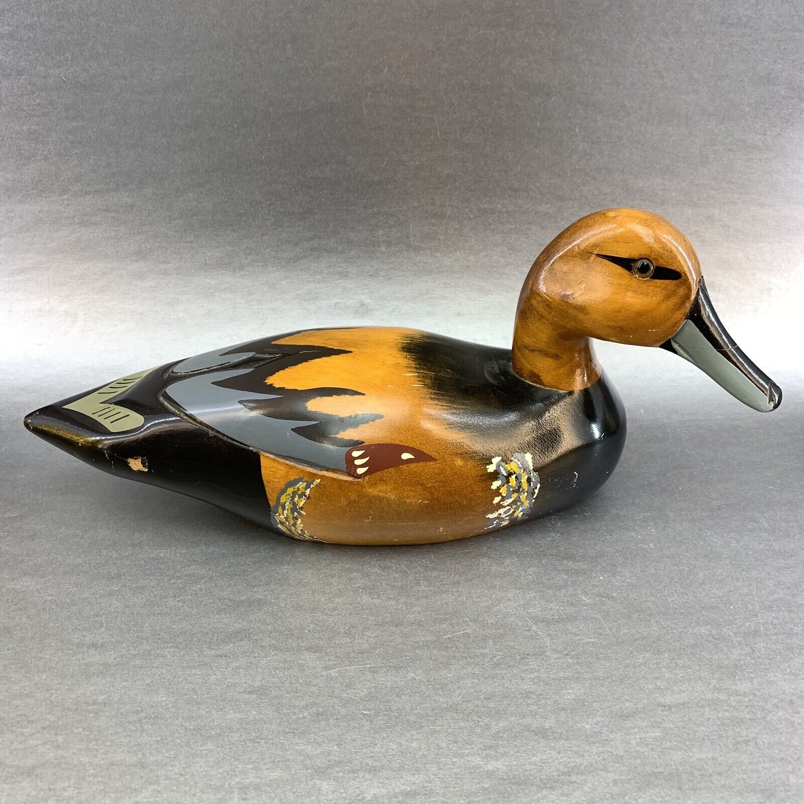 Vintage Carved Duck Decoy Unsigned Wooden 15” Wood Hand Painted Glass Eye 1960s