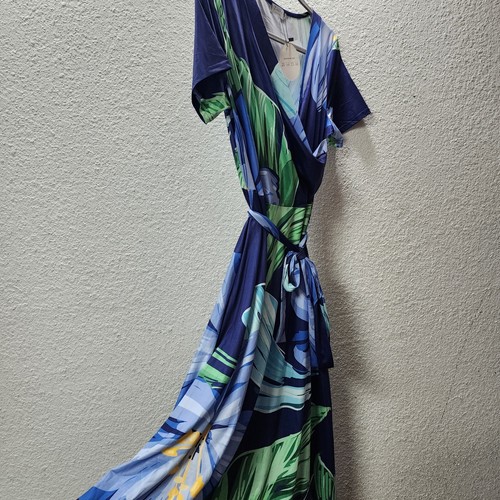 Locryz Women's Loose Fit V-Neck Wrap Short Sleeve Floral Belted Maxi Dress, M - Picture 4 of 9