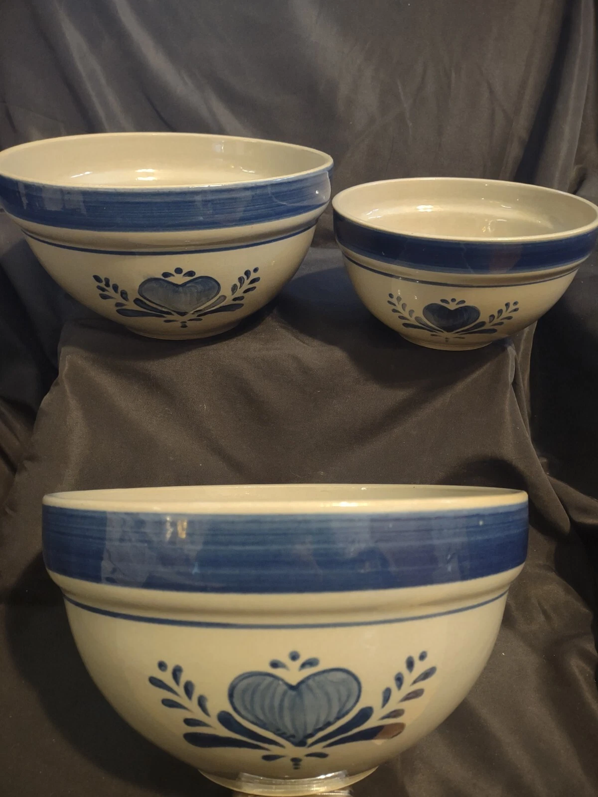 Set of 3 Salt-Glaze Stoneware Blue Country Heart Serving Bowls "Home Sweet Home"