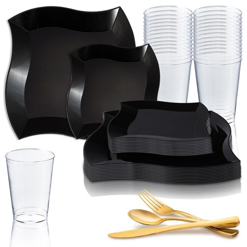 Disposable Plastic Dinnerware Set Party Package Square Wave Design Dinner Plates - Picture 3 of 57