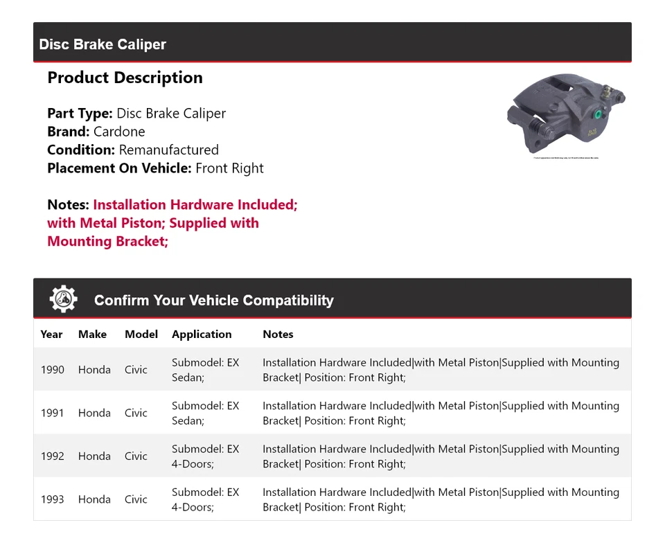 Pinza de freno de disco delantera derecha cardone 1991 1992 para Honda Civic 1990-1993 Foto 2 de 4