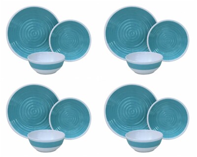 12pc Melamine Dinner Set Plates Bowls Crockery Camping Outdoor Tableware  Blue UK