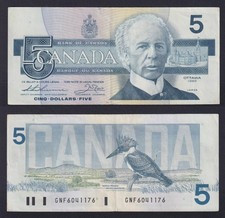 1986 Canada 5 Dollar Banknote P.-95b BB+/BF+