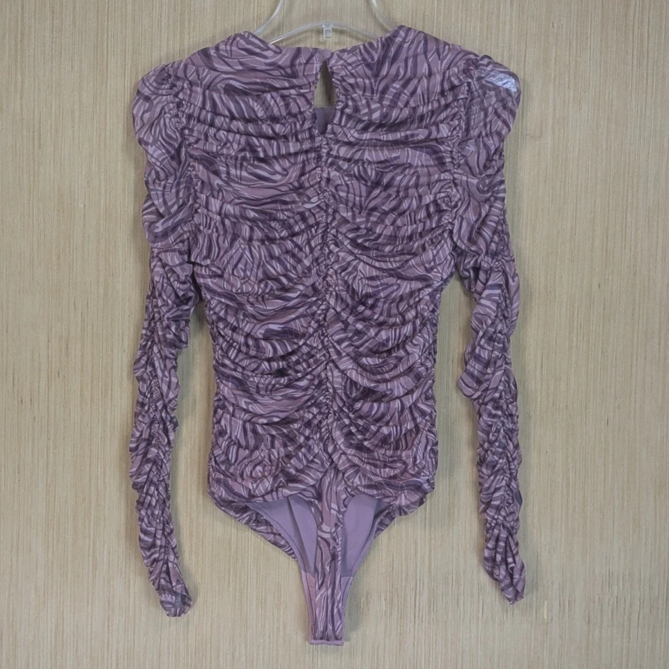 Michael Costello x Revolve Shirred Bodysuit Purple Zebra Ruche Women's Small - Image 3 of 4