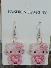 New Pink Hello Kitty With Crystal Heart Acrylic Earrings Sanrio Valentine's
