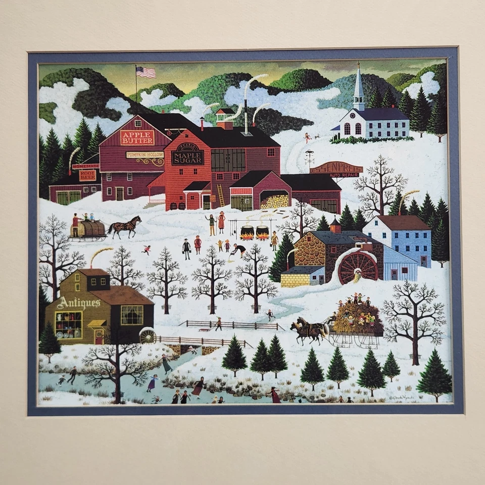 Charles Wysocki 带框艺术印花 17.5 x 21.5 冬季滑雪村 美国 — 第 2/4 张图片