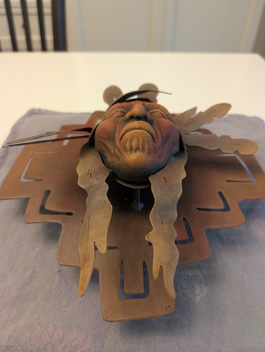 Vintage Native American Wall Sculpture 3D Metal Art w/ Feathers approx 13 X 10" - Picture 2 of 9