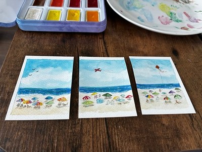 ACEO original tiny art.  Down The Shore  3 panel seascape. Kelly.Ospina
