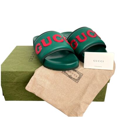 GUCCI Jumbo Logo Embossed Slide Sandals Italian Leather