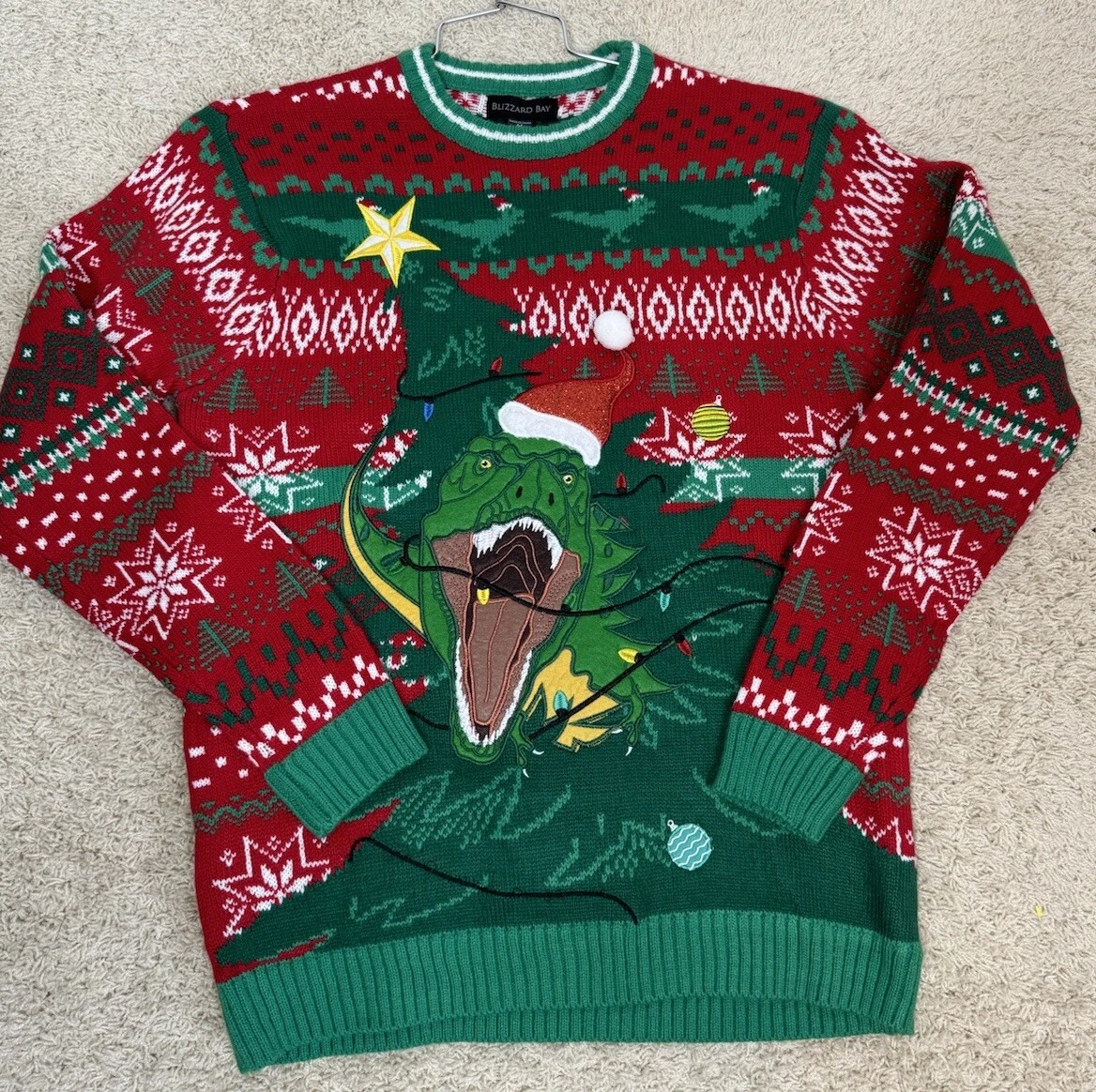 Blizzard Bay Men’s Ugly Christmas Sweater Dinosaur Front And Back Size Med T Rex