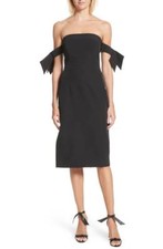 MILLY Black Brit Off Shoulder Bow Trim Stretch Cady Midi Sheath LBD Dress 8  M