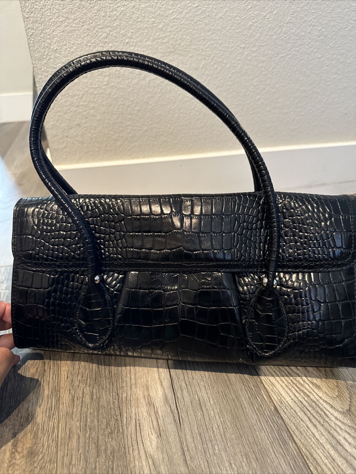 Alfani Italy Black Leather Handbag Satchel Double… - image 1