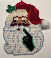 Vintage Needlepoint Santa  s Head Christmas Yarn Hanging Holiday Decor Red Green