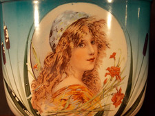 1 antik Jugendstil Blumen &uuml;ber topf M&auml;dchenportrait selten  17,2x17,5cm 1,1kg