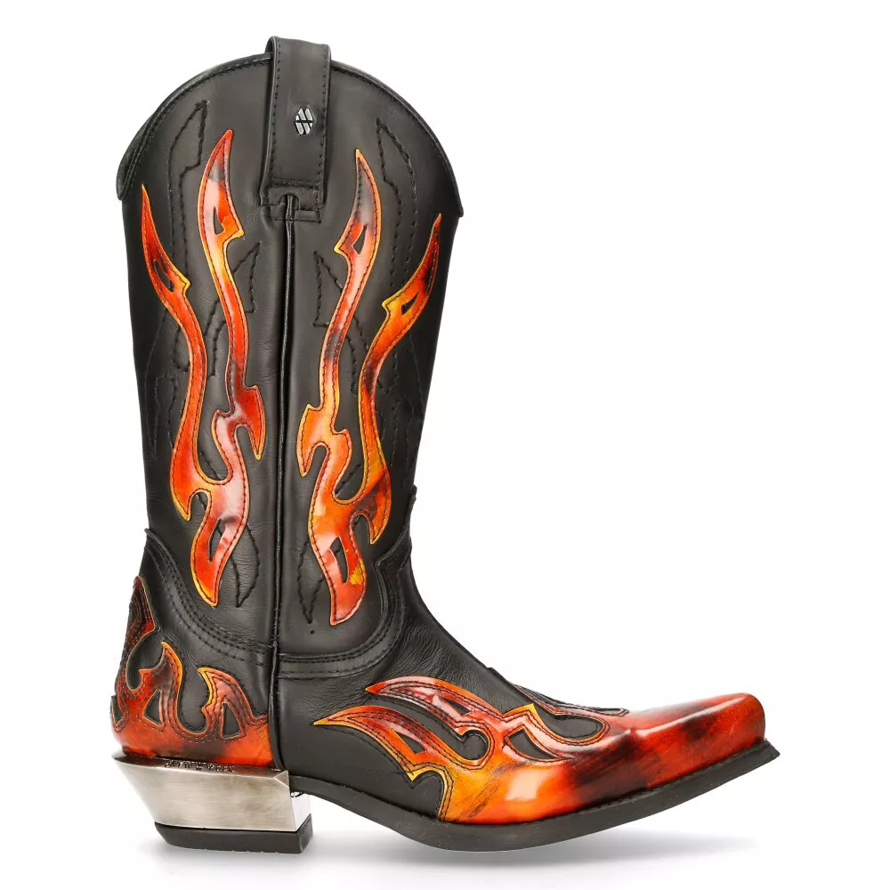 New Rock 7921 S2 Leather Black Red Flame Cowboy leather Gohic Punk rock Boots