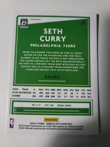 2020-21 Optic Seth Curry BLUE LASER HOLO SILVER PRIZM card #113 - Picture 2 of 2