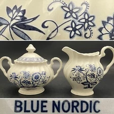 J. & G. Meakin Blue Nordic aka Blue Onion Creamer & Sugar Set c1960s England 5"t