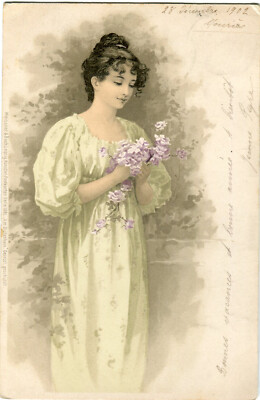 Oblaten scrap  chromo Karte Jugendstil Dame  Blumen lila -MB Serie 1081- 14 cm