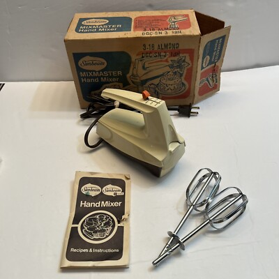 Vintage 1982 Sunbeam Mixmaster Hand Mixer Almond 3-16 5 Speed Heavy Duty