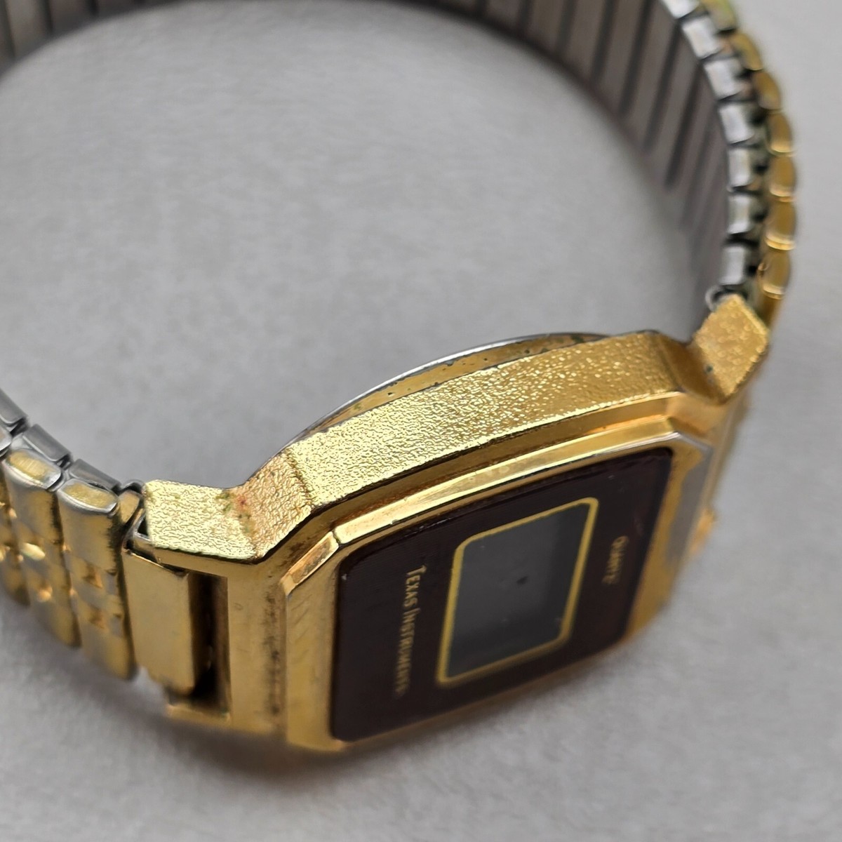 Vintage Texas Instruments Watch LCD Gold Tone Square Brown Face