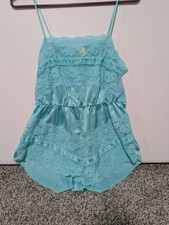 Vtg TEXSHEEN Blue Nylon Satin Lace Floral Teddy Romper Lingerie 60's 70's USA M