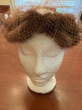 Vintage Ladies Brown Mink Pillbox Hat with Bow Veil Netting