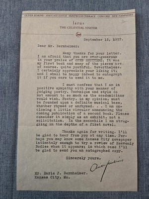 Oliver Jenkins Author Autographed Letter ''Open Shutters'' 1927
