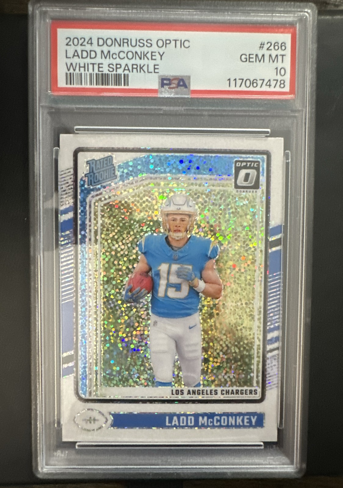 2024 Donruss Optic - Rated Rookie Ladd McConkey #266 White Sparkle Prizm PSA 10