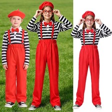 Kids Boys Girls Costume Event Set Suspenders Outfit Pants Striped T-shirt Party