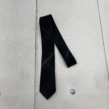 Lands End Tie Youth Boys Green Navy Tartan Plaid Slim Necktie Polyester Rayon