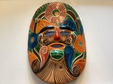 Vintage Hand Painted Mexican Folk Art Terracotta Clay Pottery Mask Wall Hanging
